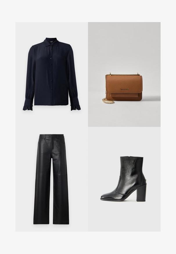 Tamsiai mėlyna bliuskutė, pagaminta iš lygaus audinio, su smailiu apykakle, mygtukų priekyje ir raukšlėtomis rankogaliais. Ilgos rankovės su šiek tiek surinkimu.; Plačios kelnės iš juodos odos su lygiu paviršiumi, turinčios priekinės kišenes, mygtuko užsegimą ir subtilius siuvinėjimo akcentus.; Juodas odinis kulkšninis batas su lygiu paviršiumi, smailiu pirštu ir masyviu aukštu kulnu. Savybė - šoninis atidarymas ir minimalistiškas dizainas.; Ruda tekstūruota odinė per petį nešama rankinė su auksiniu grandininiu dirželiu ir užlenkiamo užsegimo. Priekinėje pusėje yra logotipo detalė ir kišenė po užlenkimu.