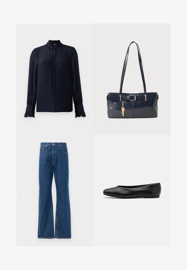 Blusa blu navy realizzata in tessuto liscio, con colletto a punta, apertura frontale con bottoni e polsini arricciati. Maniche lunghe con leggero arricciamento.; Jeans a zampa d'elefante in denim blu con vita alta, dotati di cinque tasche, chiusura con bottone argentato e dettagli di cuciture in evidenza.; Paul Smith TOPANGA - Ballerine - black; Borsa a mano in pelle blu con due manici lunghi, un dettaglio con fibbia e un portachiavi attaccato. Presenta una texture liscia e una forma rettangolare.