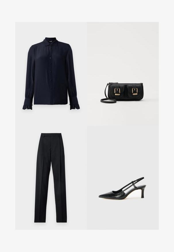 Tamsiai mėlyna bliuskutė, pagaminta iš lygaus audinio, su smailiu apykakle, mygtukų priekyje ir raukšlėtomis rankogaliais. Ilgos rankovės su šiek tiek surinkimu.; Juodos kelnės iš lygaus audinio, pasižyminčios aukštu liemeniu, plačiomis kojomis, priekinėmis klostėmis ir klasikiais diržo kilpomis. Šoninių kišenių nematyti.; Juodai lakuoti slingback aukštakulniai su smailiu nosiu, su tekstūruotu gyvatės raštu, reguliuojama juosta ir trumpu, tekstūruotu blokiniu kulnu.; Juodas odinis per petį nešiojamas krepšys su dviem priekiniais kišenėmis, auksiniais sagtimis, užtrauktuko uždarymu ir siauromis petnešomis. Textūruota paviršius ir kompaktiškas stačiakampis formatas.