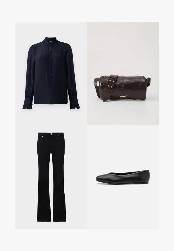 Navy blue blouse made from smooth fabric, featuring a pointed collar, button-down front, and ruffled cuffs. Long sleeves with slight gathering.; Black flared jeans made of denim, featuring two front pockets, a button closure, and a smooth texture. Signature stitching visible at seams.; Paul Smith TOPANGA - Ballet pumps - black; Brown crocodile-embossed leather bag with a cylindrical shape, gold-tone hardware, and a detachable strap featuring studs.