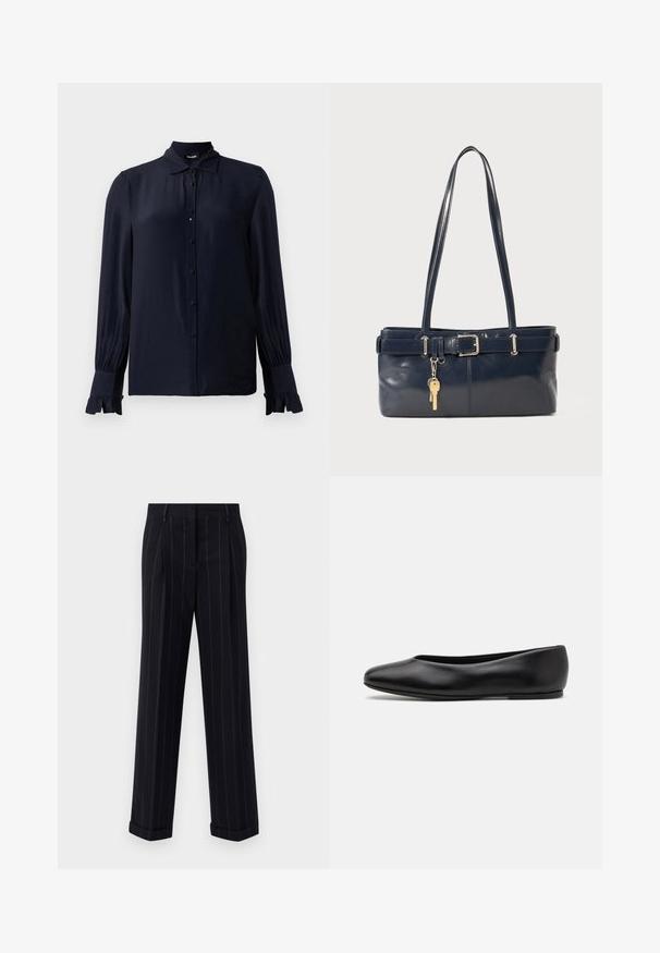 Navyblauwe blouse van gladde stof, met een puntige kraag, knoopsluiting aan de voorkant en gerimpelde mouwen. Lange mouwen met een lichte gathering.; Zwarte broek met streepjes in een getailleerde pasvorm, voorzien van een omgeslagen zoom en voorplooien. Gemaakt van een gladde stof met een gestructureerd ontwerp.; Paul Smith TOPANGA - Ballerina's - black; Marine leren handtas met twee lange hengsels, een gespdetail en een sleutelhanger eraan bevestigd. Heeft een gladde textuur en een rechthoekige vorm.