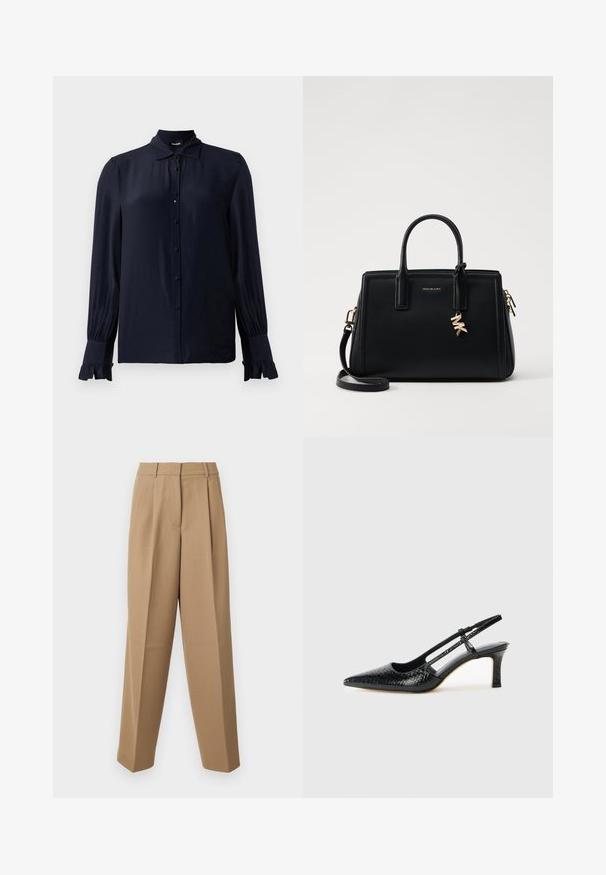 Mørkeblå bluse laget av glatt stoff, med spiss krage, knappefront og volangmansjetter. Lange ermer med lett gathering.; Beige skræddersyede bukser med høj talje, plisseret front og brede ben. Stof virker glat med en let glans.; Sorte patent slingback hæl med spids tå, featuring tekstureret slangeskind, justerbar rem og en kort, tekstureret blokhæl.; Svart skinnhåndveske med strukturert design, doble topphåndtak, avtakbar skulderrem, gullfarget hardware og en logo-detalj.