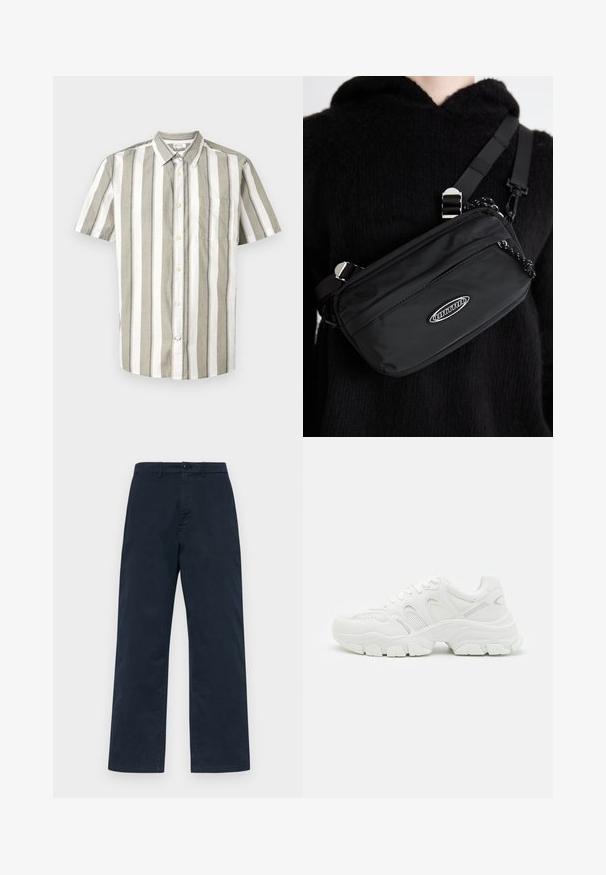 Kratka majica s dugim rukavima u svijetlo bež i bijelim prugama, s džepom, izrađena od laganog materijala, s ovratnikom.; Temno modri bombažni hlače s pravim krojem, ki imajo sprednje zapiranje na gumb in zanke za pas. Preprosta, enotna tekstura brez vzorcev.; Beli atletski tenis z mrežastim zgornjim delom in usnjenimi dodatki, teksturiran gumijast podplat ter masiven dizajn z opaznimi konturami.; Črn najlon torba za čez ramo z nastavljivim trakom, ki ima gladko teksturo, sprednji žep na zadrgo in akcent z logotipom.