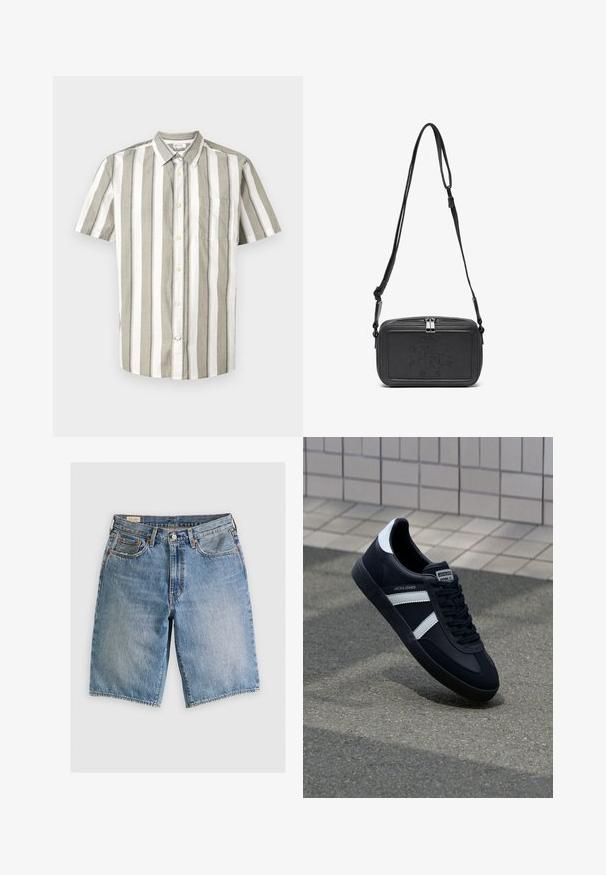 Košulja kratkih rukava s dugmadi u svijetlosmeđoj boji s bijelim prugama, s džepom, izrađena od laganog materijala, s ovratnikom.; Traper šortsevi u svijetloplavoj boji s klasičnim krojem. Imaju pet džepova, naglašene narančaste šavove i rubove bez obruba.; Crne kožne tenisice s bijelim prugama, strukturirana gumena potplate i vezanjem sprijeda. Ima oznaku brenda na jeziku.; Crna kožna torbica preko tijela s patentnim zatvaračem, ugraviranim logotipom sprijeda i podesivim remenom. Glatka tekstura s pravokutnim oblikom.