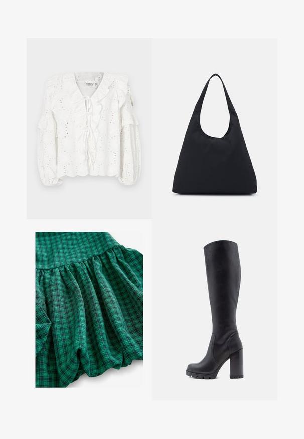 Balta bliuska su akių audiniu, volaniniu iškirpimu ir rankovėmis. Priekyje yra rišamoji detalė ir tekstūrinis paviršius.; Žalias laukinis audinys su skirtingomis atspalviais, susipynusia tekstūra ir raukšlėtu kraštu. Medžiaga atrodo pralaidi orui ir lengva.; Juodi iki kelių auliniai batai, lygaus odos paviršiaus, masyvi pakulnė, apvali nosis, tekstūruota padas su sukibimu, elegantiškas dizainas be papuošimų.; Juodas audinio krepšys su plačiu peties diržu. Minkšta, pusiau struktūrizuota forma ir lygus paviršius; minimalus dizainas, be matomo įrangos.