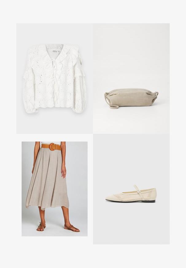 Valkoinen paita, jossa on silkkikangas, röyhelökaula-aukko ja hihat. Edessä on nauhakiinnitys ja teksturoitu pinta.; Beige A-line midi hame, joka on valmistettu teksturoidusta kankaasta ja jossa on punottu oranssi vyö, jossa on pyöreä solki. Hame on yhdistetty ruskeisiin tasapohjaisiin sandaaleihin.; Beige ballerinat kengät, joissa on terävä kärki,verkkomuotoilu päällyste ja sivuinen solkihihna. Tasapohja, jossa on sileä pinta.; Marimekko KARLA - Olkalaukku - light grey