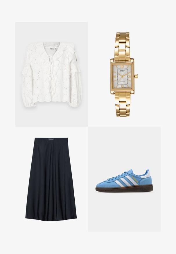 Bela bluzica iz očesne tkanine, z nabranim izrezom in rokavi. Ima zavezovanje spredaj in teksturirano površino.; Črna krila do kolen, izdelana iz lahkotnega blaga s sproščenim dizajnom. Ima gladko teksturo in subtilne gube za dodatne podrobnosti.; Svetlo modri semiš športni čevlji z belimi usnjenimi črtami, rjavo teksturirano podplatom in zlatim logotipom. Nizki dizajn z zaobljenim konicami.; Zlato obarvana pravokotna ročna ura z belo številčnico, srebrnimi kazalci in trdno kovinsko zapestnico. Vključena je vodoodporna funkcija.