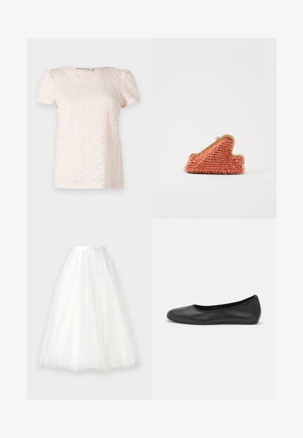 Light pink short-sleeve top featuring a textured, floral pattern and a round neckline. Made from a soft, delicate fabric.; Ida Sjöstedt NOVA  - Maxi skirt - ivory; Black leather ballet flat with a rounded toe, smooth texture, minimal stitching detail, and a flexible sole design.; Cult Gaia GIANA - Clutch - currant