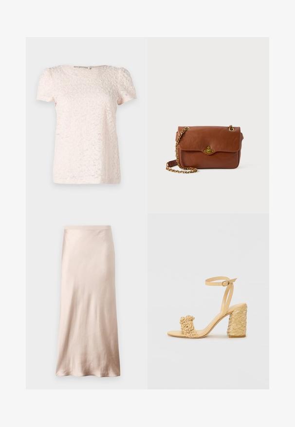 Világos rózsaszín, rövid ujjú felső, texturált virágmintával és kerek nyakkivágással. Puha, finom anyagból készült.; Világos bézs selyem midi szoknya, testhezálló derékkal, sima felülettel és bővülő szegéllyel, látható díszítések vagy zsebek nélkül.; Bézs színű magassarkú szandál fonott textúrával, díszítő virággal és bokapánttal. A négyzet alakú sarok stabilitást biztosít.; Barna bőr keresztpántos táska hajtószorítással, arany színű fémrészekkel és lánc pánttal. Simább textúra, téglalap alakú, minimális díszítéssel.
