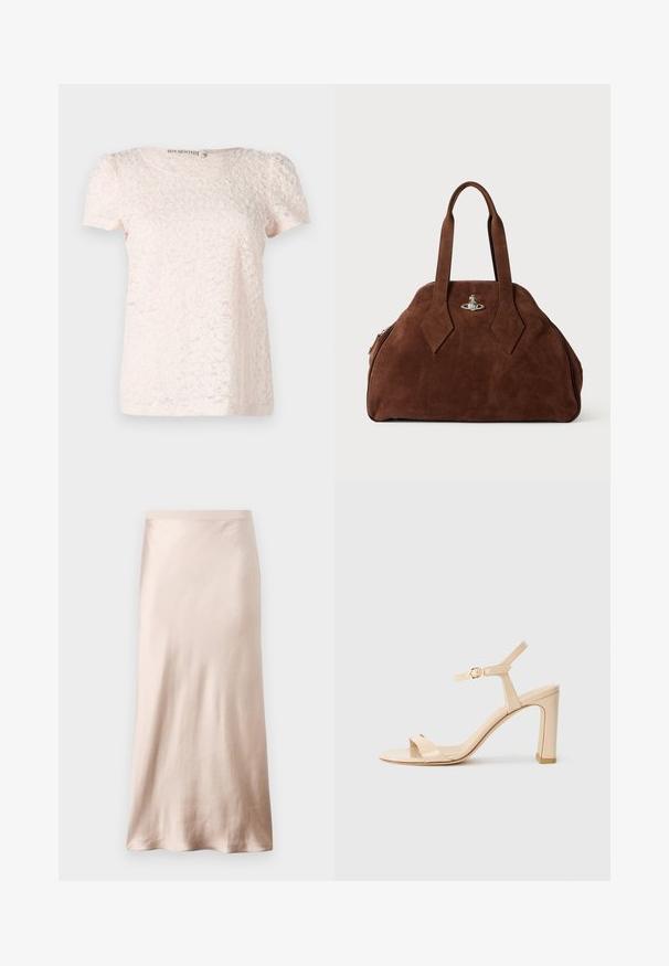 Top scurt cu mânecă scurtă de culoare roz deschis, cu un model floral texturat și decolteu rotund. Fabricat dintr-un material moale și delicat.; Fustă midi din satin, de culoare bej deschis, cu talie ajustată, textură netedă și tiv evazat, fără embellismente vizibile sau buzunare.; Sandal cu toc înalt bej, cu curea la gleznă și cataramă aurie, vârful deschis și toc pătrat, pe un fundal alb.; Geantă din suede maro, cu o formă structurată, un corp rotund și mânere lungi în formă de diamant. Dispune de o închidere din metal argintiu.