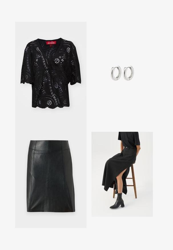 Black short-sleeve blouse with a V-neck, featuring cut-out floral and leaf patterns, a drawstring detail at the front, and scalloped hem.; Black leather skirt with a fitted design. Smooth texture, seams outlining shape, and a straight hem. Minimalistic and sleek appearance.; Black linen maxi skirt with a high slit, worn with a black t-shirt and black ankle boots. Minimalistic design with a relaxed fit.; Silver hoop earrings with a polished finish, featuring a circular design and seamless hinges, displaying a smooth texture.
