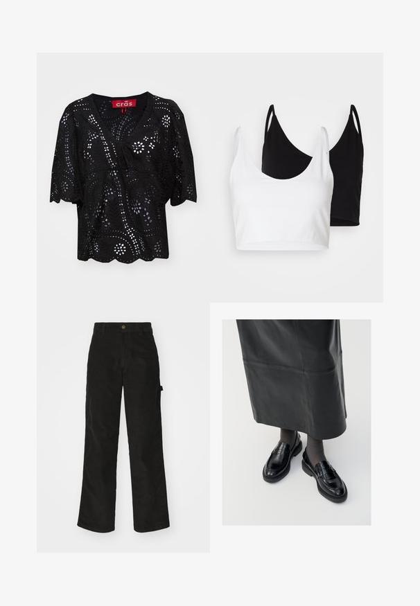 Crna bluza kratkih rukava s V-izrezom, koja sadrži izrezane cvjetne i listne uzorke, detalj s vezicom sprijeda i valoviti rub.; Dva pamukasta crop topa u bijeloj i crnoj boji. Svaki ima dubok izrez i tanke naramenice, s glatkom, mekanom teksturom.; Crne kordura hlače s ravnim nogavicama, s kopčanjem na gumb i bočnom džepom. Glatka tekstura s finim vertikalnim prugama.; Crne kožne mokasine s glatkom završnom obradom, s dekorativnom trakicom, okruglim vrhom i teksturiranom potplatom. Nosi se s dugom crnom kožnom suknjom.