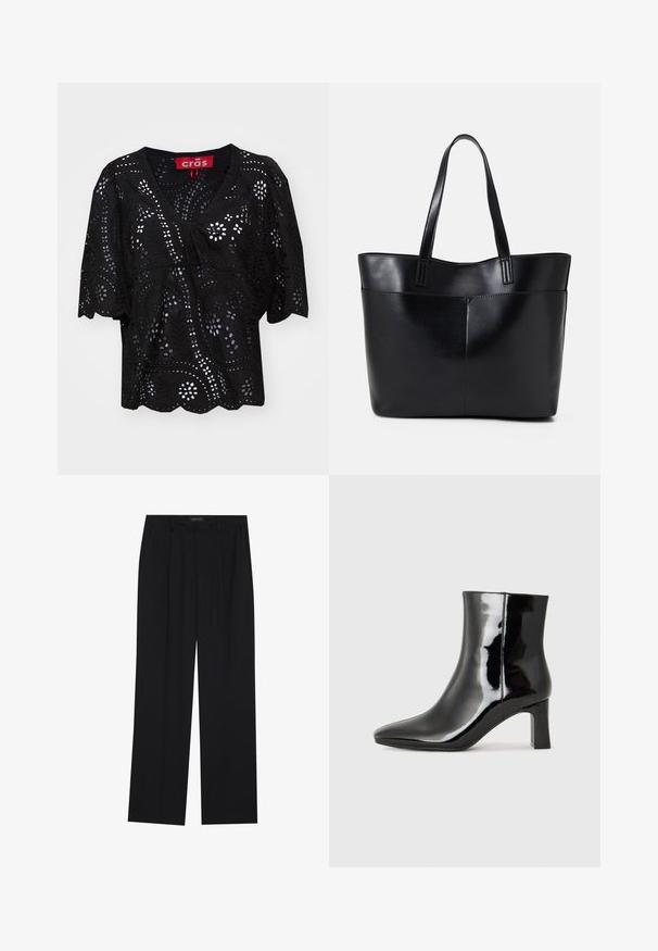 Juodas trumpomis rankovėmis bliusonas su V formos iškirpte, su išpjautomis gėlių ir lapų detalėmis, raišteliu priekyje ir dantytais kraštais.; Juodos kelnes su tiesiomis sijonais, turinčios dvi priekinės kišenės ir juosmenį. Pagamintos iš lygios, lengvos medžiagos.; Juodos lakuotos odinės aulinukės su smailiu pirštu ir vidutinio aukščio blokuotu kulnu. Lygus paviršius ir minimalistinis dizainas.; Juoda odinė rankinė su dviem ilgais diržais, lygiu paviršiumi ir struktūrizuota forma. Yra priekinė kišenė papildomam saugojimui.