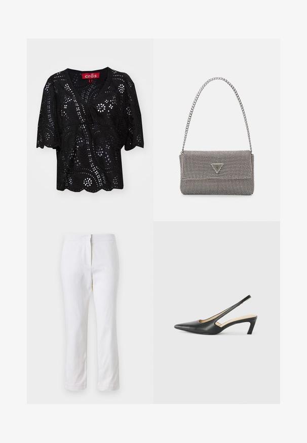 Must mustärgusti t-särk V-kaelusega, millel on lõikega lille- ja lehemustrid, ees joonistatav detail ja lainelise äärisega. ; Valged puuvillased püksid sirge lõikega, keskmise kõrgusega vöökoht ja ilma nähtavate detailide või mustriteta. Ühtlane sile tekstuur.; Must mustaga, terav varvas, madala kontsaga sildiga king, mis on valmistatud siledast nahast ja mille küljel on lõike disain hingavuse tagamiseks.; Helehall metallik handbags, millel on kett, kaunistatud väikeste ümmarguste metallist õmblustega ja kolmnurkse brändi logoga.