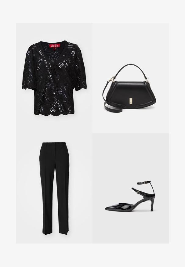 Blusa nera a maniche corte con scollatura a V, caratterizzata da motivi a fiori e foglie ritagliati, dettagli con cordoncino sul davanti e orlo scallop.; Pantaloni neri su misura con un design a gamba dritta, caratterizzati da una texture liscia e pieghe ben definite sul davanti. Senza hardware visibile.; Décolleté in pelle eco-patent nera con punta affilata, cinturini alla caviglia regolabili e tacco sottile. Texture liscia con una finitura lucida.; Borsa a mano in pelle nera con un design strutturato, caratterizzata da una forma corta, manico superiore e accessori in metallo dorato. Inclusa tracolla regolabile.