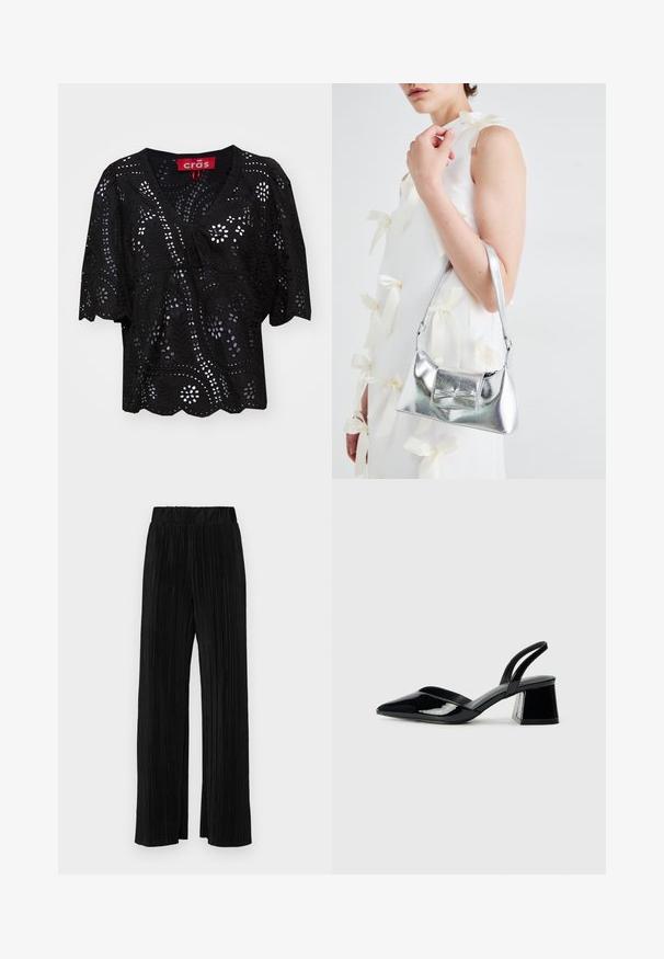 Blusa nera a maniche corte con scollatura a V, caratterizzata da motivi a fiori e foglie ritagliati, dettagli con cordoncino sul davanti e orlo scallop.; Pantaloni neri a plissé con vita elasticizzata. Presentano gamba ampia e un tessuto liscio e texture con strisce verticali.; Décolleté in vernice nera con punta affusolata e tacco in geometria cubica. Presentano un design elegante e minimalista, con una texture liscia.; Borsa a mano metallica argento con forma strutturata, dotata di manico superiore e dettaglio a fiocco sulla parte frontale. Texture liscia e finitura riflettente.
