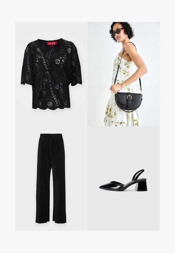 Fekete, rövid ujjú blúz V-kivágással, kivágott virág- és levélmintákkal, elöl húzózsinórral és fodros szegéllyel.; Fekete pliszírozott nadrág gumis derekkal. Széles lábakkal rendelkezik, sima, texturált anyagból készült, függőleges csíkokkal.; Fekete lakk bőr szandálkés magas sarkú cipő, hegyes orral és geometrikus tömbsarkakkal. Karcsú, minimalista dizájn és sima textúra jellemzi.; Fekete bőrtáska ívelt formával, levehető pánttal és arany színű fémrészekkel. A táskán egy csattal díszített fedél található.