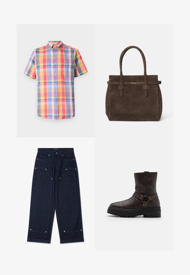 Rövid ujjú ing színes kockás mintával, gombokkal, gombolható gallérral és egyetlen mellzsebbel. Könnyű anyagból készült.; Sötét farmert colorú, széles lábú nadrág, két elülső zsebbel, ezüst színű részletekkel és kontrasztos piros varrással. Gombos záródással és márka logóval rendelkezik.; Barna bőr bokacsizma négyzet alakú orral, csattal díszítve és vastag fekete talppal. Oldalcipzárral és texturált felülettel rendelkezik.; Sötétbarna velúr tote táska dupla fogantyúval és vízszintes pánttal, melyen egy kis arany DSQUARED2 logo tábla található.