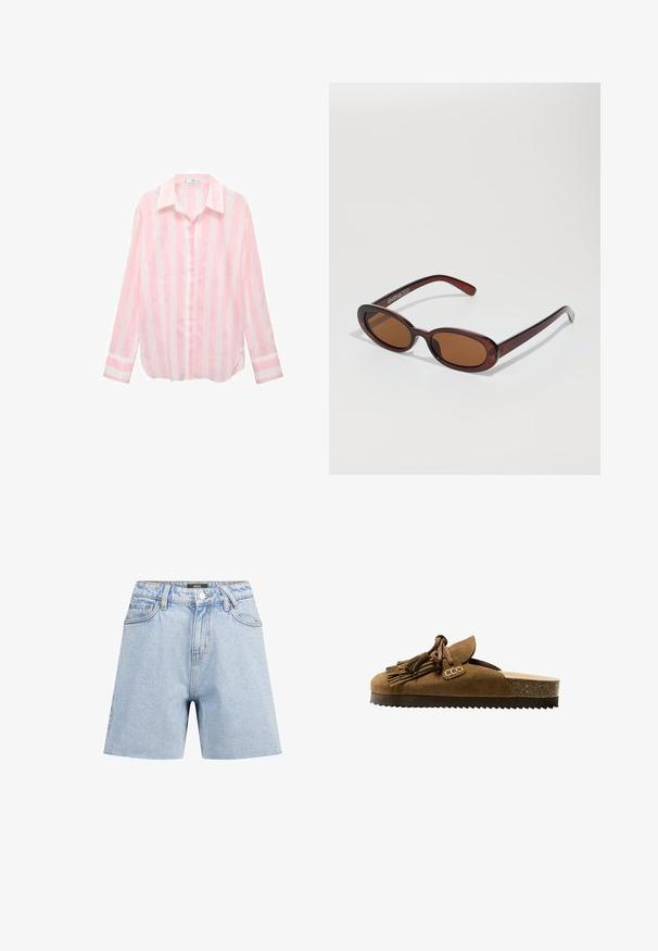 Light pink striped button-up shirt with a collar, long sleeves, and a relaxed fit. Made of lightweight fabric, featuring white horizontal stripes.; Light blue denim shorts featuring a high waist, five pockets, frayed hem, and button closure. Standard fit with minimalistic design.; Brown suede slip-on shoe with a rounded toe, fringed detailing, and textured brown sole. Cork accent on the heel.; Round, brown-tinted sunglasses with a glossy burgundy frame. Slim arms with subtle branding detail. Flat lens design.; Brown suede tote bag featuring a triangular design, elongated shoulder straps, and a large open top with a cut-out handle detail.