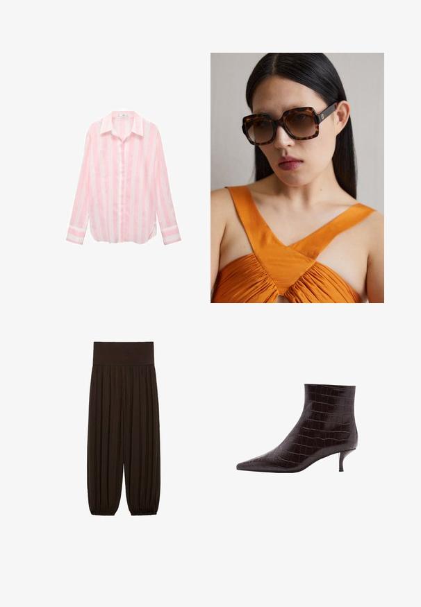 Light pink striped button-up shirt with a collar, long sleeves, and a relaxed fit. Made of lightweight fabric, featuring white horizontal stripes.; Brown pleated pants with a wide, elastic waistband. The fabric is lightweight and textured, featuring gathered hems at the cuffs.; Black croc-embossed leather ankle boots with a pointed toe and a short, thin heel. Smooth texture with distinct pattern and sleek design.; Brown tortoiseshell oversized sunglasses with a wide rectangular frame and gradient lenses. Gold logo detail on the side.; Brown suede tote bag featuring a triangular design, elongated shoulder straps, and a large open top with a cut-out handle detail.