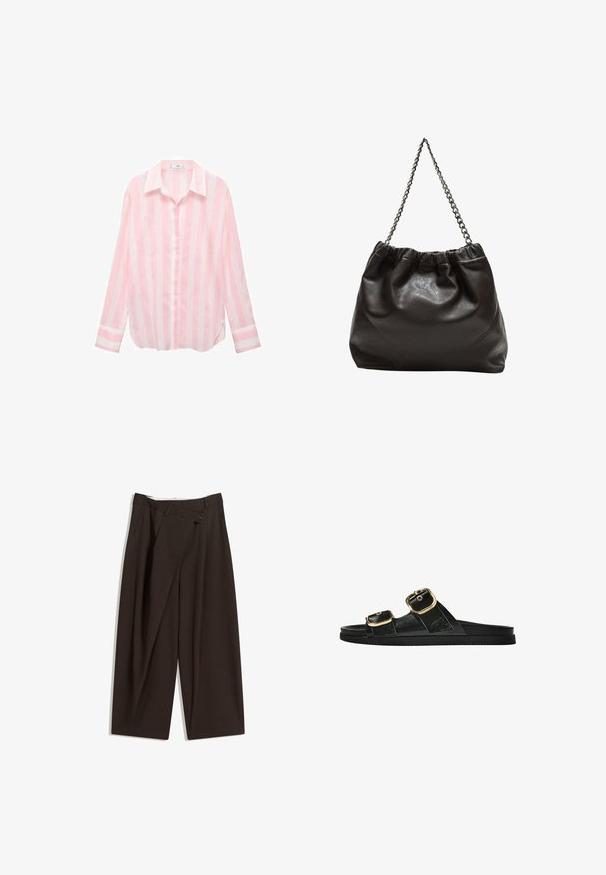 Jasnoróżowa, w paski, koszula zapinana na guziki z kołnierzykiem, długimi rękawami i luźnym krojem. Wykonana z lekkiego materiału, z białymi poziomymi paskami.; Ciemnobrązowe szerokie spodnie o wysokim stanie, z pojedynczym zapięciem na guzik i plisowanym przodem. Wykonane z lekkiego materiału.; Czarne klapki z dwoma złotymi klamrami, gładki materiał, płaska podeszwa i minimalistyczny design.; Brązowa skórzana torba z marszczonym szczytem i łańcuszkowym paskiem. Gładka tekstura z błyszczącym wykończeniem i subtelnymi detalami szwów po bokach.