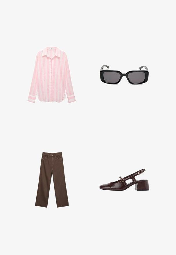Vaaleanpunainen raidoitettu napillinen paita, jossa on kaulus, pitkät hihat ja rento malli. Valmistettu kevyestä kankaasta, jossa on valkoisia vaHorizontalraitoja.; Leviittävät ruskeat farkut, jotka on valmistettu denimistä, korkea vyötärö, etutaskut ja klassinen nappikiinnitys. Silkkinen pinta hienovaraisella ompelutyöllä.; Ruske pu leather slingback pete s kvadratnim nožnim dijelom, izrezanim stranama i blok petom. Ima kopču na traku oko gležnja.; Mustat suorakulmaiset aurinkolasit tummilla linsseillä, sileä muovikehys ja kaarevat templet. Suunnittelu on jykevä ja minimalistinen.