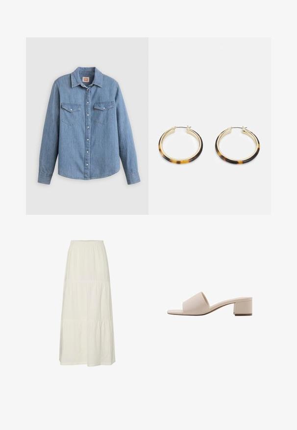 Svetlomodrá džínová košeľa s dlhými rukávmi, zapínaním na gombíky vpredu, dvoma náprsnými vreckami a klasickým golierom. Hladká textúra a voľný strih.; Biela blúzka bez ramienok s volánikmi, riasenou textúrou a elastickým pásom. Vyrobená z jemnej bavlnenej tkaniny.; Biela, poschodová maxi sukňa vyrobená z ľahkej, textúrovanej látky s elastickým pásom. Má tri odlišné sekcie látky.; Bežové sandále na blokovom podpätku s širokým remienkom a otvorenou špičkou. Hladký materiál a elegantný dizajn. Krátky, pevný podpätok pre stabilitu.; Zlaté náušnice vo forme kruhov so vzorom žiabra na vonkajšej hrane z živice, s hladkým povrchom a elegantným, okrúhlym tvarom.