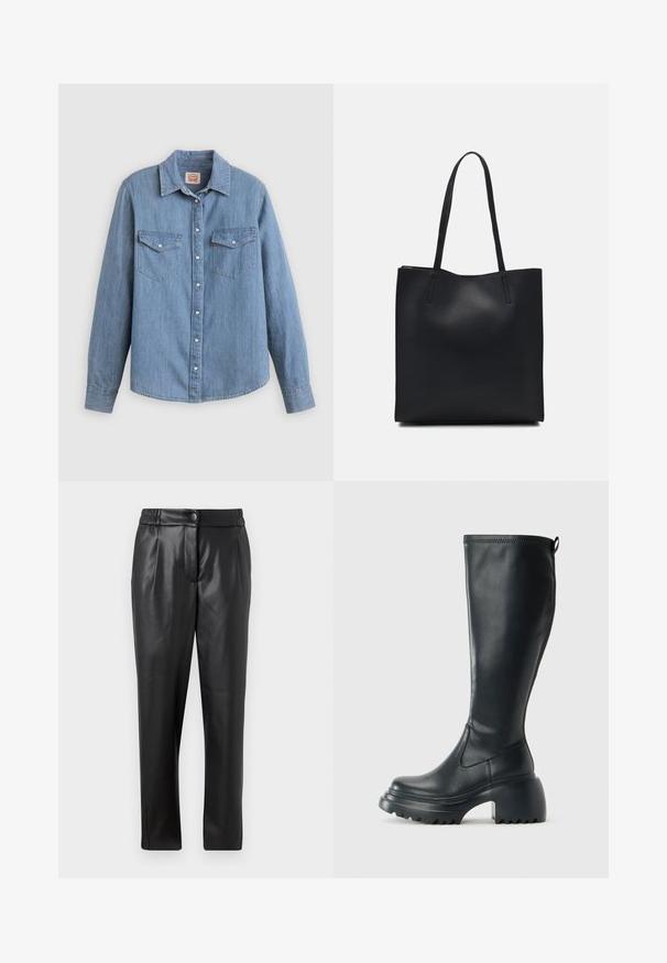 helehallinast teksast pikkade varrukatega särk, millel on ees nupud, kaks rinnataskut ja klassikaline krae. Sile tekstuur ja lõdvestunud lõige.; Mustad nahkpüksid, millel on sile tekstuur, sirge lõige, elastne vöökoht ja esine nupuga sulgemine; volditud detailid ja kitsenevad sääred.; Kõrge must nahksaapad, millel on massiivne platvormi tald ja blokk-kand, varustatud tõmbenööriga ja tekstuuriga väljatõmbejääk.; Mustast nahast kott sujuva tekstuuriga, ristkülikukujuline ja kahe pika sangaga. Pole nähtavat riistvara ega kaunistusi.