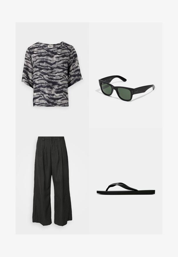 Black and gray cropped shirt with a wave pattern, short sleeves, and a round neckline, made from a ribbed textured fabric.; Black pinstriped wide-leg trousers with pleats, featuring a tailored design and a soft texture. No visible hardware or accents.; Black rubber flip-flop sandal with a textured thong strap and simple flat sole, shown from side on a plain light background.; Black rectangular sunglasses with green lenses, matte finish, subtle hardware accents, and embossed logo on the temple.