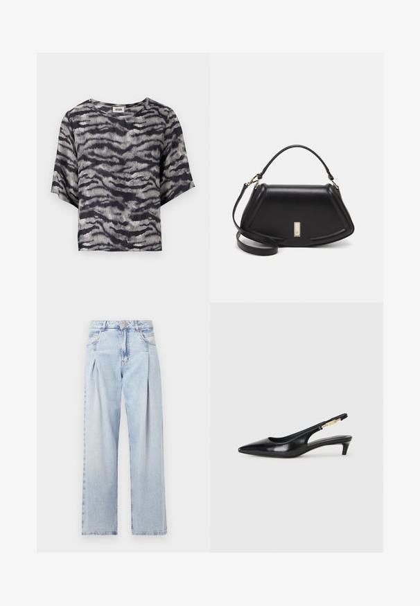 Zwarte en grijze cropped shirt met een golfpatroon, korte mouwen en een ronde halslijn, gemaakt van een ribbelstructuur stof.; Lichtblauwe denim jeans met een hoge taille, wijde pijpen, twee zijzakken en geplooid ontwerp. Zachte textuur met een vervaagd uiterlijk.; Zwarte leren slingback hakken met een spitse neus, voorzien van een slanke hak en een goudkleurige accent op de verstelbare band. Gladde textuur.; Zwarte leren handtas met een gestructureerd ontwerp, featuring een verkorte vorm, bovenhandvat en gouden hardwareaccent. Inclusief verstelbare schouderband.