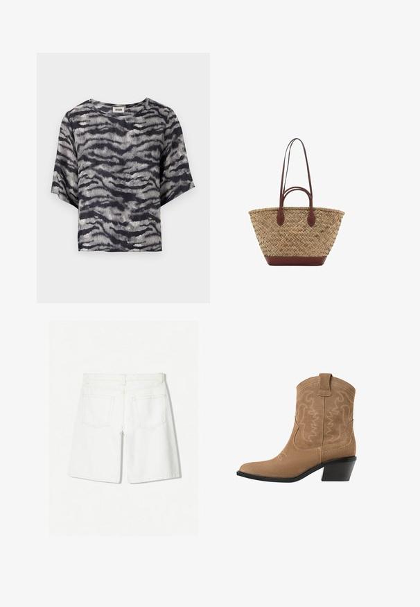 Schwarzes und graues kurz geschnittenes Shirt mit Wellenmuster, kurzen Ärmeln und Rundhalsausschnitt, aus einem gerippten Textil gefertigt.; Weiße Denim-Shorts mit einem geraden Schnitt, hoher Taille, zwei Gesäßtaschen und dezenten Steppnähten.; Braune Wildleder-Westen-Stiefelette mit spitzem Zeh, besticktem Design und einem niedrigen, gestapelten schwarzen Absatz. Mit Zuglaschen für einfaches Anziehen.; Geflochtene Strohttasche mit geflochtener Textur, dunkelbraunen Ledergriffen und Boden, breiter runder Form und offenes Oberteil.