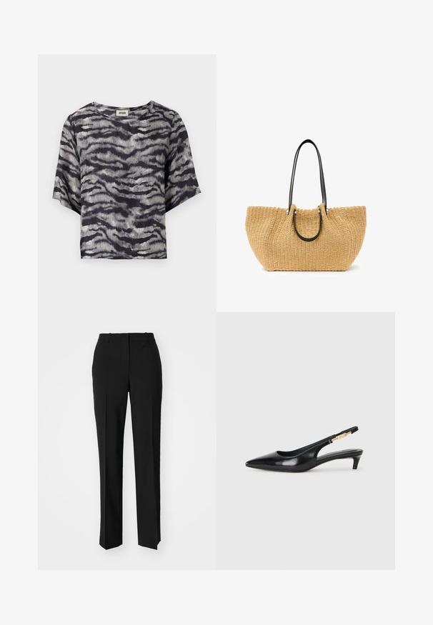 Fekete és szürke, hullám mintás, rövid ujjú, kerek nyakú cropped póló, bordázott textúrájú anyagból készült.; Fekete, testhezálló nadrág egyenes szárú kivitelben, sima textúrával és éles redőkkel az elején. Nincs látható fémalkatrész.; Fekete bőr slingback magassarkúk, hegyes orral, vékony sarkakkal és arany színű részlettel a állítható pánton. Simа felület.; Beige színű, szőtt szalmakosár, fekete bőrkarral és ezüst színű fémalkatrészekkel. Tágas, ívelt forma, texturált felülettel.