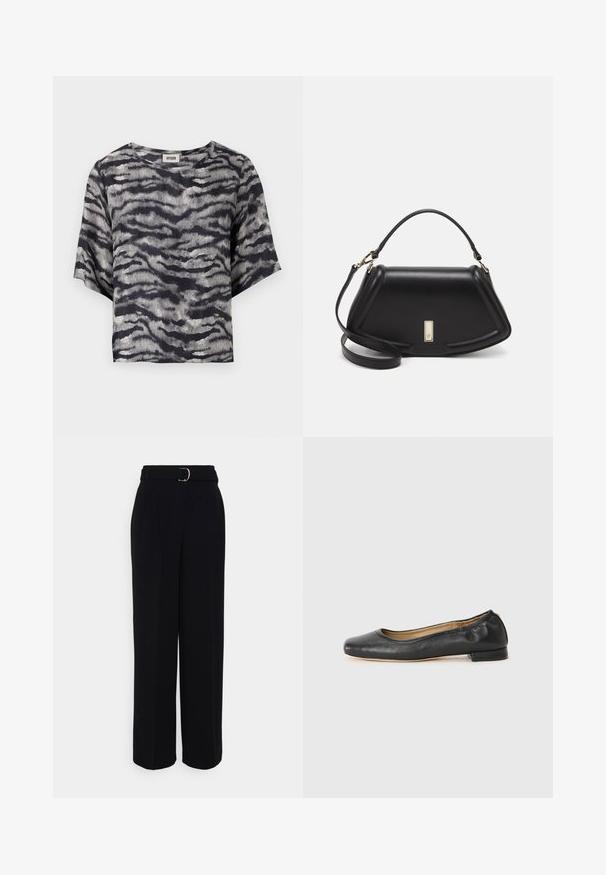 Camisa recortada negra y gris con un patrón de olas, mangas cortas y escote redondo, hecha de una tela con textura acanalada.; Pantalones negros ajustados con una silueta de pierna ancha, que incluyen un cinturón con hebilla de plata, pliegues y una textura de tela suave.; Bailarinas de cuero negro con punta redonda y costuras mínimas. Tacón bajo y rectangular, y textura suave. Detalle sutil en el forro interior.; Bolso de mano de cuero negro con un diseño estructurado, que presenta una forma recortada, asa superior y acentos en dorado. Correa de hombro ajustable incluida.