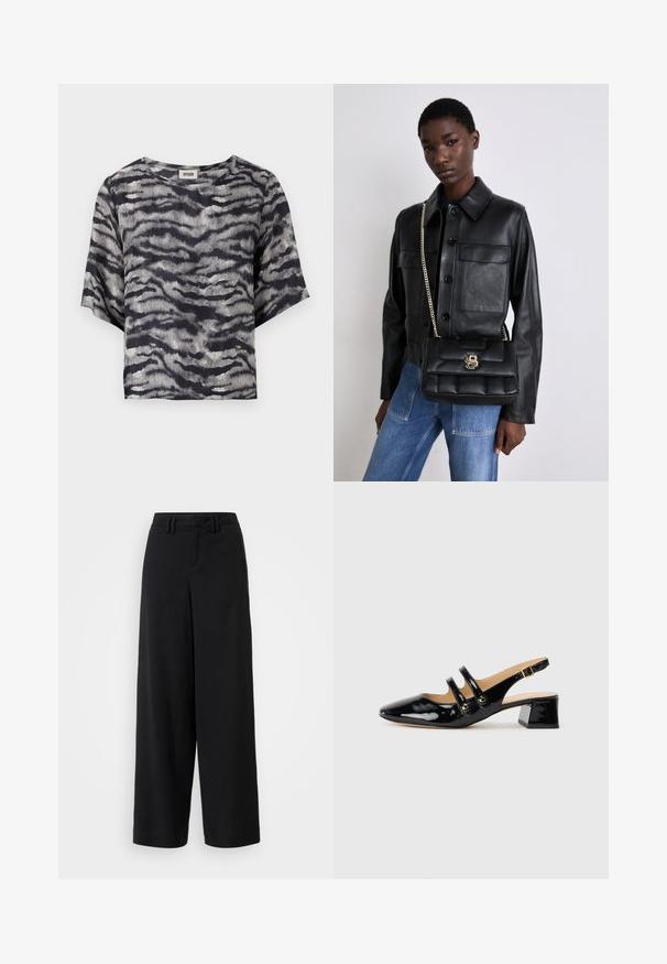Black and gray cropped shirt with a wave pattern, short sleeves, and a round neckline, made from a ribbed textured fabric.; Black wide-leg trousers made of smooth fabric, featuring a flat-front design, pleated details, and belt loops at the waistband.; Black patent leather slingback shoe with pointed toe, two strap detail, gold circular accents, and a low block heel.; Black leather jacket with button closure and two front pockets, paired with a black quilted handbag featuring a gold clasp and chain strap.