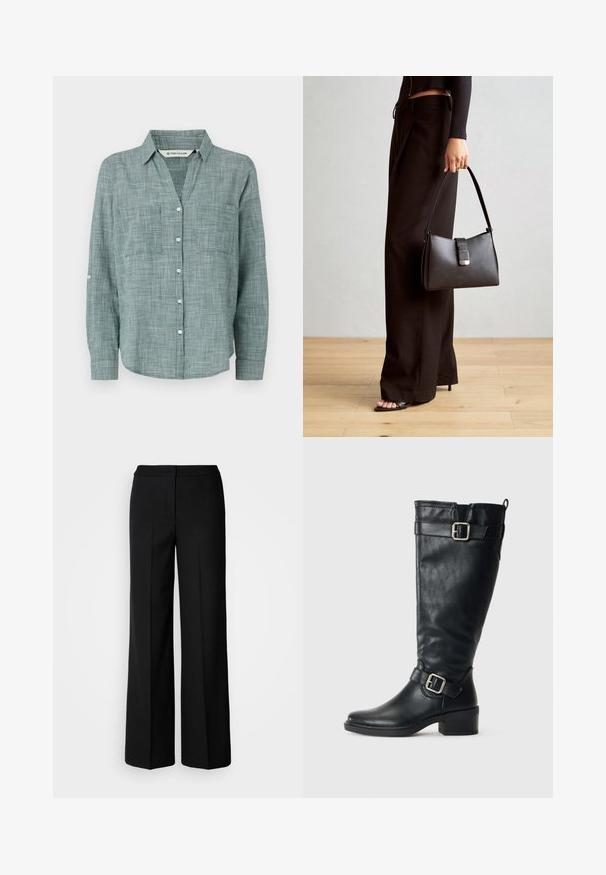 Groen geruit overhemd met lange mouwen, een button-down kraag, twee voorzakken en knoopmanchetten. Gemaakt van lichte stof.; Zwarte wijde broek van een gladde stof, met een hoge taille, nauwkeurig gestikte naden en een minimalistisch ontwerp. Geen zichtbare hardware of zakken.; Hoge zwarte leren laars met lage hak, decoratieve gespen nabij de enkel en bovenkant, en een trekriem aan de achterkant.; Zwarte handtas met gestructureerde vorm, gladde textuur en een metalen sluiting. Gecombineerd met brede zwarte broeken en sandalen met open teen op een houten vloer.
