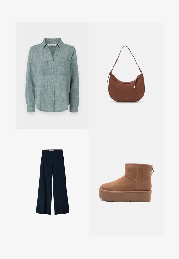 Green checkered long-sleeve shirt with a button-down collar, two front pockets, and buttoned cuffs. Made from lightweight fabric.; Navy wide-leg trousers made from a smooth fabric, featuring two front pleats and a single button closure at the waist.; Tan suede ankle boot with a platform sole, rounded toe, and stitching accents; features a pull tab at the back for easy wear.; Brown faux leather shoulder bag with curved shape, minimal stitching, and a gold-tone hardware accent. Features a top zipper closure and adjustable strap.