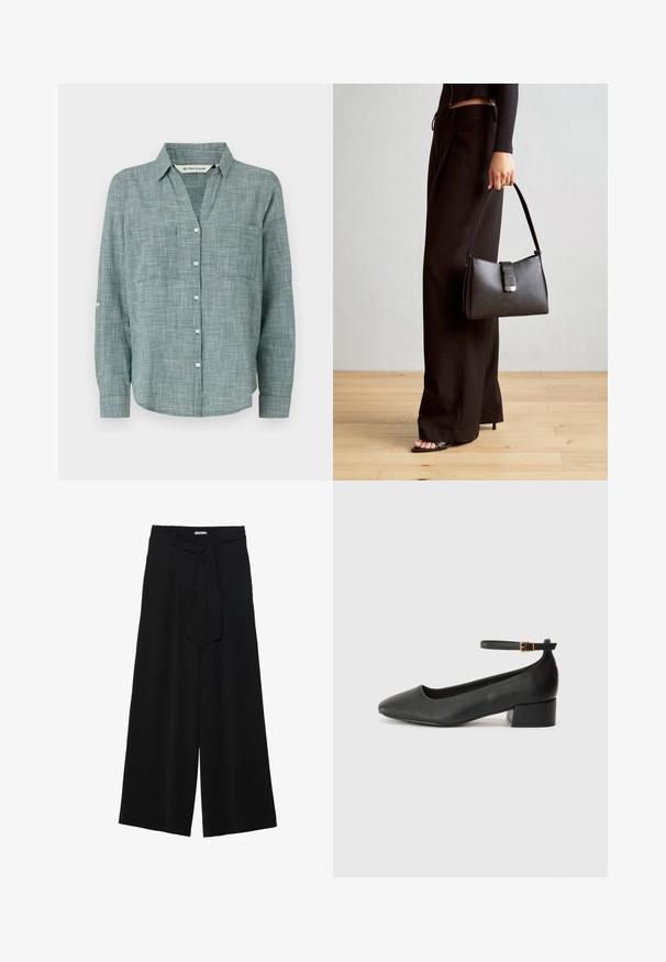Grønternet skjorte med lange ærmer, knap-udskæring, to forlommer og knapærmer. Lavet af letvægtsstof.; Sorte vide bukser i en tekstureret stofkvalitet, med elastisk talje og et aftageligt bånd i taljen for justerbar pasform.; Sorte læderpumper med spids tå og en lav blokhæl. Har en ankelrem med en guldfarvet spænde. Glat tekstur.; Sort håndtaske med struktureret form, glat overflade og metalspænde. Sammen med brede sorte bukser og sandaler med åben tå på trægulv.