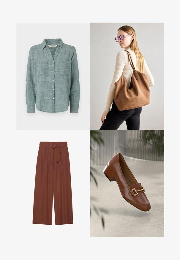 Camisa de manga larga a cuadros verdes con cuello abotonado, dos bolsillos frontales y puños abotonados. Fabricada con tejido ligero.; Pantalones de pierna ancha en tela marrón, con un cinturón de hebilla cuadrada, diseño plisado y textura suave.; Mocasines de charol marrón con punta cuadrada, acento de cadena metálica y tacón bajo; textura suave, diseño minimalista.; Bolso de tote de ante marrón con textura suave, gran abertura y asas largas. Presenta un diseño sencillo con costuras visibles y sin herrajes.