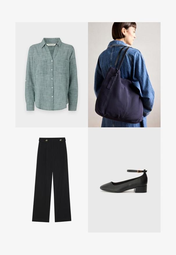 Chemise à manches longues à carreaux verts avec un col boutonné, deux poches avant et des poignets à boutons. Fabriquée en tissu léger.; Pantalons larges noirs à taille haute, avec des détails de boutons à la taille et des plis sur le devant.; Escarpin en cuir noir avec un bout pointu et un petit talon bloc. Doté d'une bride de cheville avec une boucle dorée. Texture lisse.; Sac à épaule en toile navy avec une forme douce et structurée, doté d'une sangle noire, de détails cousus et d'une petite étiquette de marque.