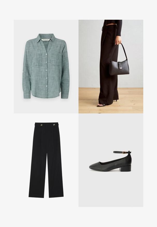 Green checkered long-sleeve shirt with a button-down collar, two front pockets, and buttoned cuffs. Made from lightweight fabric.; Black wide-leg trousers with high waist, button details on waistband, and front pleats.; Black leather pump with a pointed toe and a low block heel. Features an ankle strap with a gold-tone buckle. Smooth texture.; Black handbag with structured shape, smooth texture, and a metallic clasp. Paired with wide black pants and open-toe sandals on wooden floor.