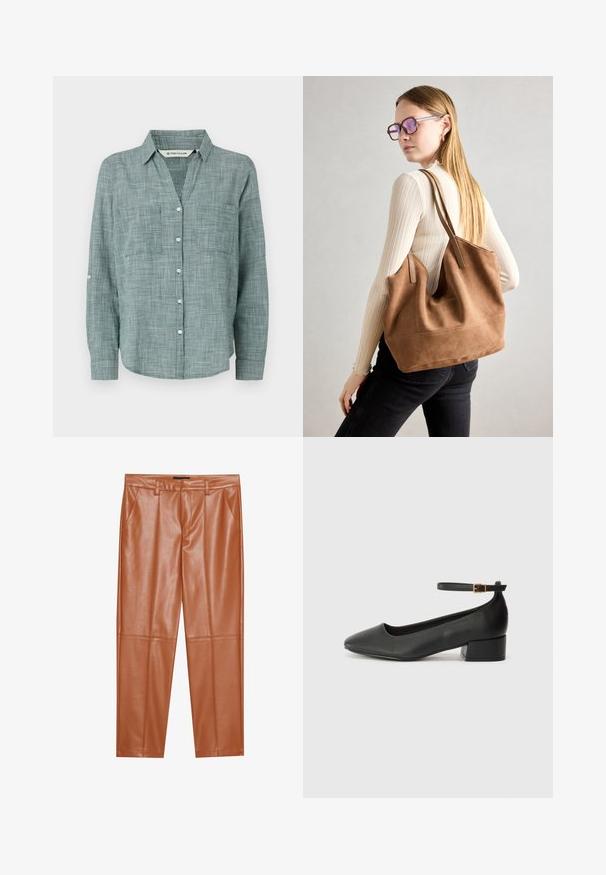 Grønt rutete skjorte med lange ermer og knapp- Ned krage, to frontlommer og knappe mansjetter. Laget av lett stoff.; Brune imitasjonslærbukser med skreddersydd passform, med frontfeller og rette ben. Glatt tekstur uten synlig maskinvare eller detaljer.; Sorte skinnpumper med spiss tå og lav blokkhelt. Har ankelrem med gullfarget spenne. Glatt tekstur.; Brun semsketotebag med myk tekstur, stor åpning og lange stropper. Har et enkelt design med synlig søm og uten maskinvare.