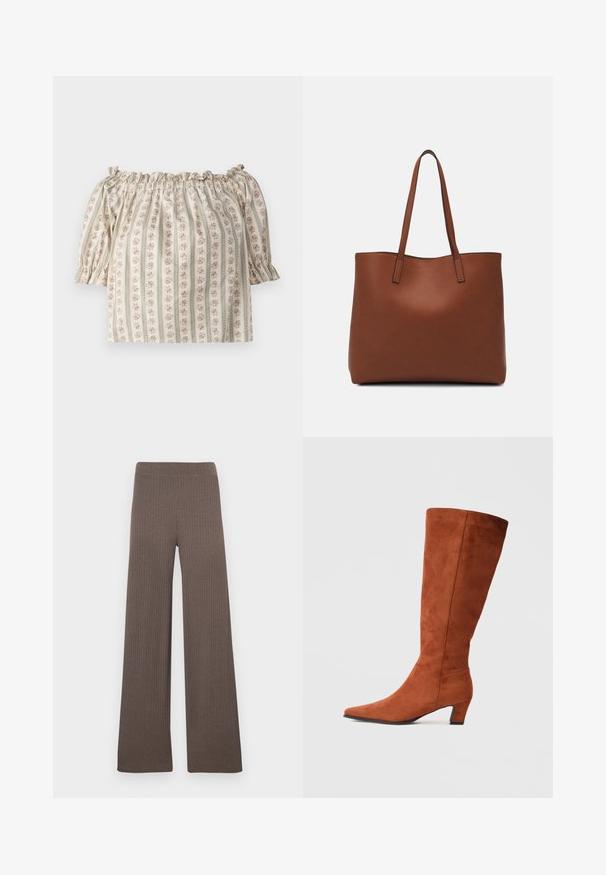 Blúzka s odhalenými ramenami a krátkymi naberanými rukávmi, krémová tkanina s kvetinovým vzorom a vertikálnymi pruhmi, s gumičkovým ručne zbieraným výstrihom.; Riflované široké nohavice v tmavohnedej farbe, vybavené elastickým pásom a mäkkou, textúrovanou látkou.; Hnedé semišové vysoké čižmy po kolená s špicatou špičkou a malým blokovým podpätkom, s hladkou textúrou a minimalistickým dizajnom.; Hnedá kožená taška na rameno s hladkou textúrou, otvoreným vrchom a dvoma ramenými popruhmi. Má minimálne šitia a žiadne viditeľné kovania.