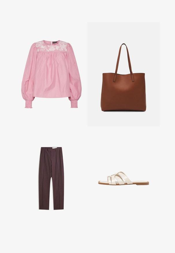 Blusa rosa a righe con scollo rotondo, polsini elastici e dettagli floreali ricamati sulla spalla. Realizzata in tessuto leggero.; Pantaloni a righe viola con plissettature, caratterizzati da un vita alta e un design dritto. Realizzati in un tessuto liscio e con texture.; Infradito con suola in gomma color talpa, progettate con tre cinturini in pelle bianca sovrapposti e un piccolo dettaglio a fiocco al centro.; Borsa tote in pelle marrone con texture liscia, design con apertura superiore e due spallacci. Presenta cuciture minime e nessun hardware visibile.