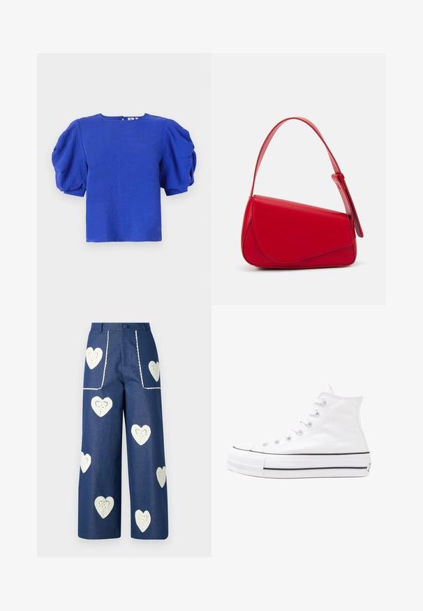 Top blu con maniche a sbuffo corte, scollatura rotonda e una zip discreta sul retro. Realizzato in tessuto leggero con una finitura liscia.; Sister Jane HEART TO HEART - Jeans a sigaretta - blue denim; Sneaker alta in tela bianca con suola in gomma nera, punta in gomma frontale e sei asole per i lacci, caratterizzata da un design pulito e minimalista.; Borsa a tracolla in pelle rossa con un design angolare e geometrico. Presenta una singola tracolla regolabile e una chiusura a patta con dettagli cuciti.