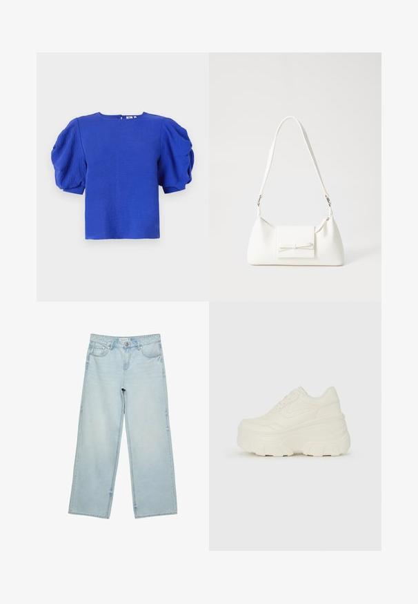 Modra majica s kratkimi rokavi in teksturiranimi puff rokavi, okroglim izrezom in diskretnim zadrgo na hrbtni strani. Narejena iz lahkotnega materiala z gladko površino.; Svetlo modri široki jeans iz denima, z visokim pasom, petimi žepi in rahlim bledenjem. Ravno krojen s obdelanimi robovi.; Bele platformske tene z belim zgornjim delom, ki spominja na usnje, okroglo obliko, oblazinjen ovratnik ter gumo z teksturo na podplatu z izrazitimi profili.; Bela sintetična torbica v obliki trikotnika, z ravnim sprednjim poklopcem in detajlom mašne, nastavljivim trakom, gladko teksturo in minimalističnim dizajnom.