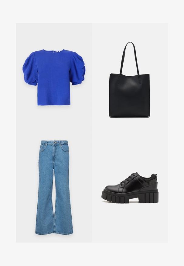 Short-sleeve blue top with textured puff sleeves, round neckline, and a discreet back zipper. Made from lightweight fabric with a smooth finish.; Light blue flared jeans made of denim, featuring a high waist, five pockets, and a single button closure. Soft texture with faded finish.; Black leather platform shoes with a chunky block heel, round toe, and traditional lace-up design. Features smooth texture and minimal detailing.; Black leather tote bag with smooth texture, rectangular shape, and two long handles. No visible hardware or embellishments.