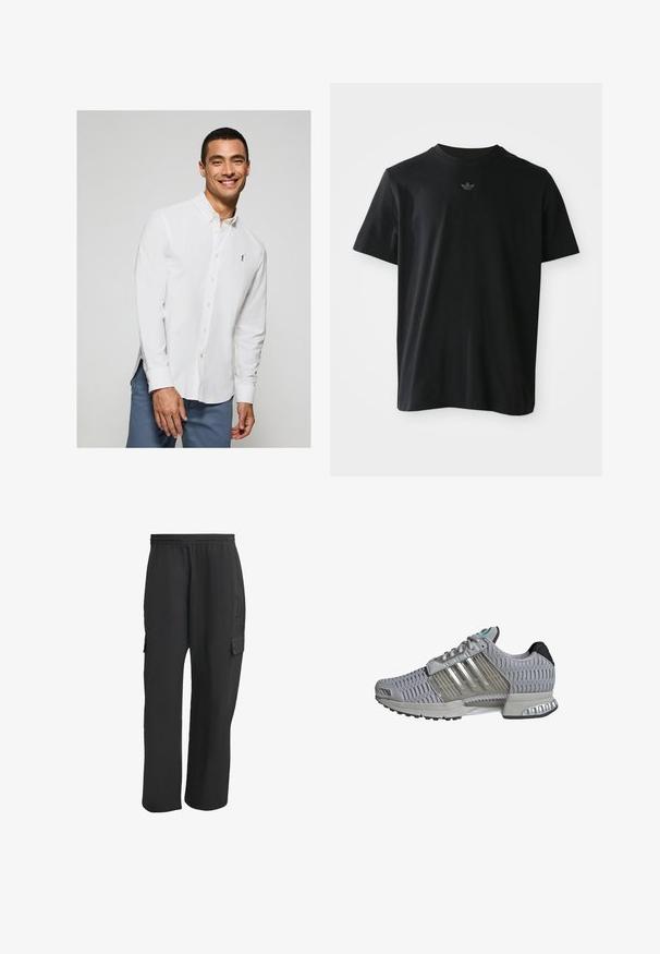 Wit overhemd met lange mouwen en knopen, voorzien van een klein logo op de borst, gecombineerd met lichtblauwe broek. Gladde stof met een klassieke kraag.; Zwarte T-shirt met korte mouwen en een klein, gecentreerd Adidas trefoil logo op de borst, weergegeven tegen een eenvoudige witte achtergrond.; Zwarte cargobroeken met een elastische tailleband, voorzien van zijzakken, een losse pasvorm en een gestructureerde stof. Ontworpen voor comfort en functionaliteit.; Grijze sportschoen met een gestructureerde mesh bovenkant, transparante accenten en drie zilveren strepen. Beschikt over een gevoerde zool en rubberen buitenzool.