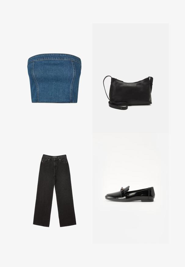Temno modra denim brezramna bluza, ki se ponaša s strukturirano prileganje, stranskimi šivi in vidnim šivanjem ob robovih za dodatne podrobnosti.; Črne široke jeans hlače iz denima, z majhnimi pikčastimi vzorci, klasičnim petim žepom ter z gumbom in zadrgo za zapiranje.; Črne lakirane usnjene loaferske čevlje s ravnim podplatom, zaobljenim nosom in dekorativnim pasom z zlatim naglasom. Gladek, sijoč poljšček.; Črna usnjena torba čez ramo z gladko teksturo, ukrivljeno obliko, nastavljivim trakom in zadrgo. Minimalističen dizajn brez okrasnih detajlov.