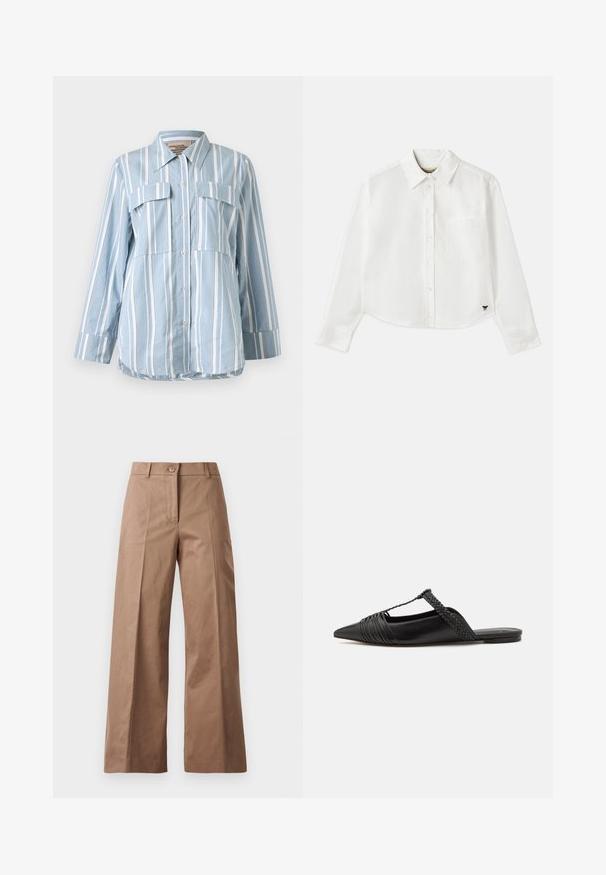 Camisa de botones azul claro con rayas verticales blancas, dos bolsillos frontales y mangas largas. Tejido suave y cuello puntiagudo.; Camisa blanca de manga larga recortada hecha de algodón. Presenta un cierre frontal con botones, un bolsillo en el pecho y un pequeño logo negro en la parte inferior izquierda.; Pantalones de pierna ancha marrones, confeccionados en una tela suave, con un cierre frontal de botón, dos bolsillos frontales y líneas limpias y ajustadas.; Zapato de piel negra tipo slingback con punta afilada, que presenta un detalle trenzado y un diseño superior plisado. Suela plana con hardware mínimo.