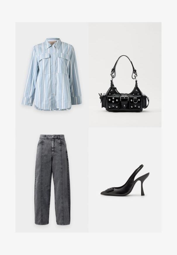 Svetlo modra srajca z gumbi z belimi navpičnimi črtami, dvema sprednjima žepoma in dolgimi rokavi. Gladko blago in koničast ovratnik.; Svetlosivi jeans s visokim strukom, oprani, z sprednjimi in stranskimi žepi, gumbom za zapiranje in vidnimi navpičnimi šivi.; Črne usnjene slingback čevlje s koničastim prstom, ozko visoko peto in dekorativnim naglavnim poudarkom. Gladka tekstura in eleganten dizajn.; Črna usnjena torbica s ukrivljenim dizajnom, ki vsebuje srebrne žebljičke, zaponko in dve stranski žepki. Nastavljiv trak za različne možnosti nošenja.